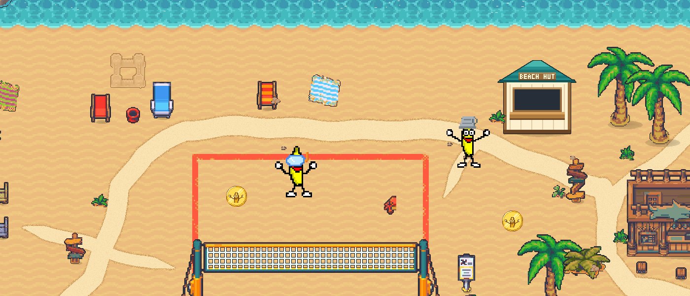 Banana Bay — volleyball court, beach hut and palms